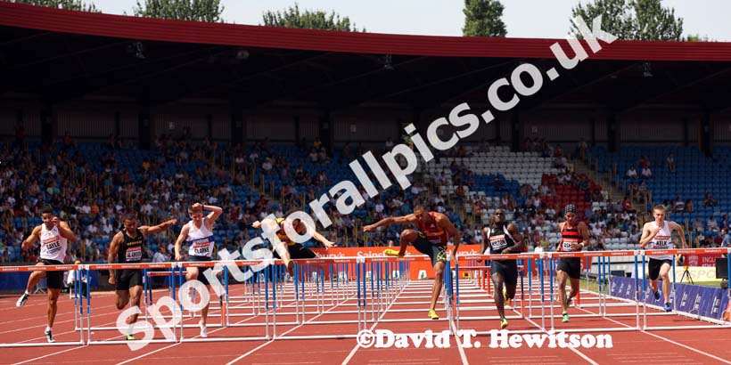 William Sharman wins the 110 metres hurdles at the Sainsbury's British Championships, Birmingham.